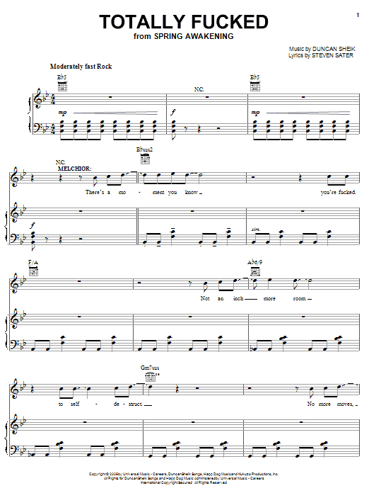 Preview Duncan Sheik Totally Fucked Rock sheet music, notes and chords for Piano, Vocal & Guitar (Right-Hand Melody), SKU: 63362 Download Duncan Sheik Totally Fucked sheet music and printable PDF score & Rock music notes