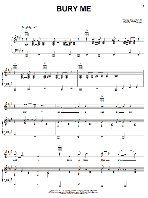 Preview Dwight Yoakam Bury Me Pop sheet music, notes and chords for Piano, Vocal & Guitar (Right-Hand Melody), SKU: 62794 sheet music, piano notes, chords, guitar tabs, score, transpose, transcribe, how to play, guide, download, learn, tutorial, progression, song, artist, awards, billboard, mtv, vh1, tour, single, album, release