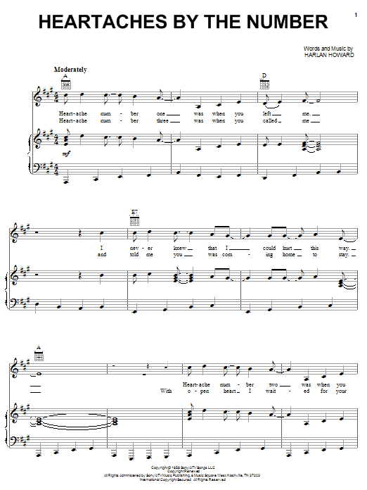 Preview Dwight Yoakam Heartaches By The Number Country sheet music, notes and chords for Piano, Vocal & Guitar (Right-Hand Melody), SKU: 62789 Download Dwight Yoakam Heartaches By The Number sheet music and printable PDF score & Country music notes