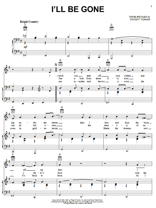 Preview Dwight Yoakam I'll Be Gone Pop sheet music, notes and chords for Piano, Vocal & Guitar (Right-Hand Melody), SKU: 62793 sheet music, piano notes, chords, guitar tabs, score, transpose, transcribe, how to play, guide, download, learn, tutorial, progression, song, artist, awards, billboard, mtv, vh1, tour, single, album, release