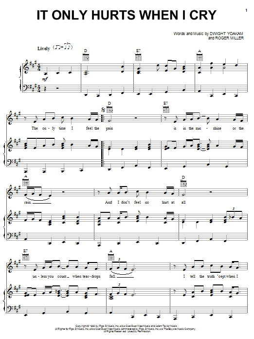 Preview Dwight Yoakam It Only Hurts When I Cry Pop sheet music, notes and chords for Piano, Vocal & Guitar (Right-Hand Melody), SKU: 62733 sheet music, piano notes, chords, guitar tabs, score, transpose, transcribe, how to play, guide, download, learn, tutorial, progression, song, artist, awards, billboard, mtv, vh1, tour, single, album, release