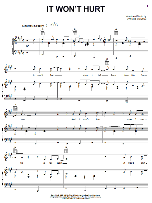 Preview Dwight Yoakam It Won't Hurt Pop sheet music, notes and chords for Piano, Vocal & Guitar (Right-Hand Melody), SKU: 62797 sheet music, piano notes, chords, guitar tabs, score, transpose, transcribe, how to play, guide, download, learn, tutorial, progression, song, artist, awards, billboard, mtv, vh1, tour, single, album, release