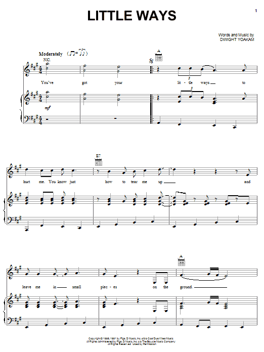 Preview Dwight Yoakam Little Ways Pop sheet music, notes and chords for Piano, Vocal & Guitar (Right-Hand Melody), SKU: 62701 Download Dwight Yoakam Little Ways sheet music and printable PDF score & Pop music notes