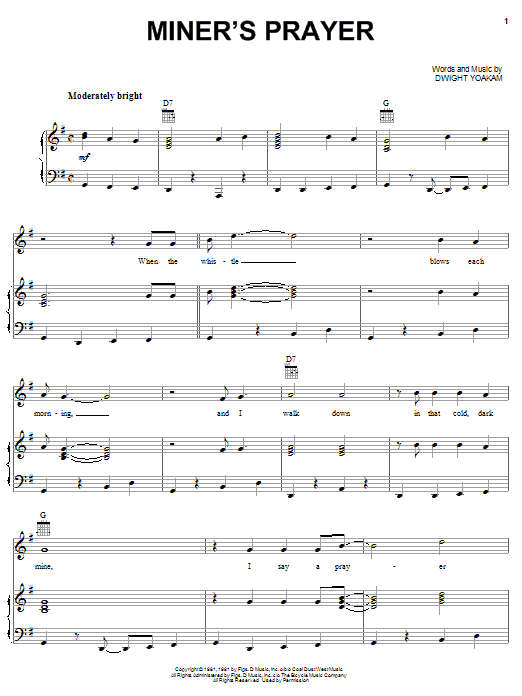 Preview Dwight Yoakam Miner's Prayer Pop sheet music, notes and chords for Piano, Vocal & Guitar (Right-Hand Melody), SKU: 62792 sheet music, piano notes, chords, guitar tabs, score, transpose, transcribe, how to play, guide, download, learn, tutorial, progression, song, artist, awards, billboard, mtv, vh1, tour, single, album, release