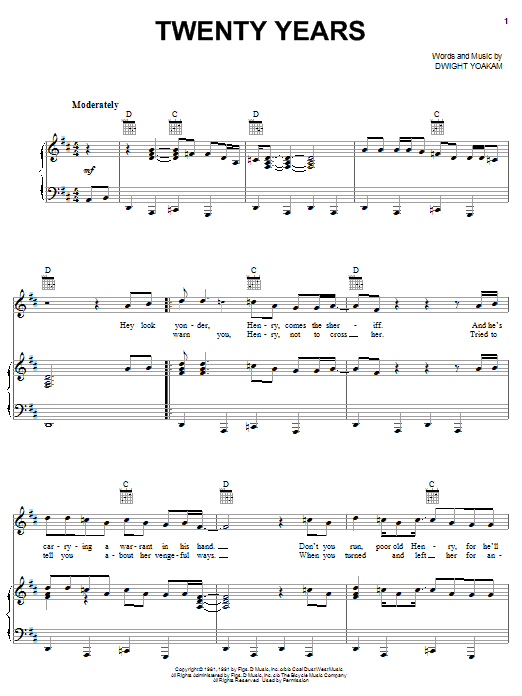 Preview Dwight Yoakam Twenty Years Pop sheet music, notes and chords for Piano, Vocal & Guitar (Right-Hand Melody), SKU: 62790 Download Dwight Yoakam Twenty Years sheet music and printable PDF score & Pop music notes