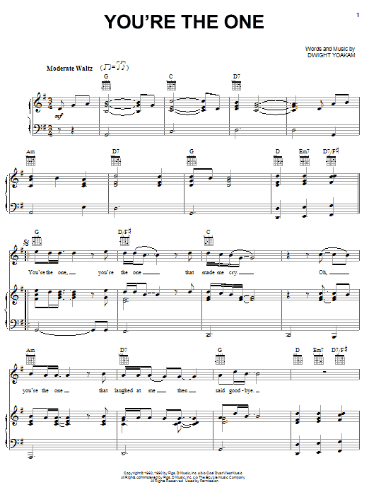 Preview Dwight Yoakam You're The One Pop sheet music, notes and chords for Piano, Vocal & Guitar (Right-Hand Melody), SKU: 62716 Download Dwight Yoakam You're The One sheet music and printable PDF score & Pop music notes