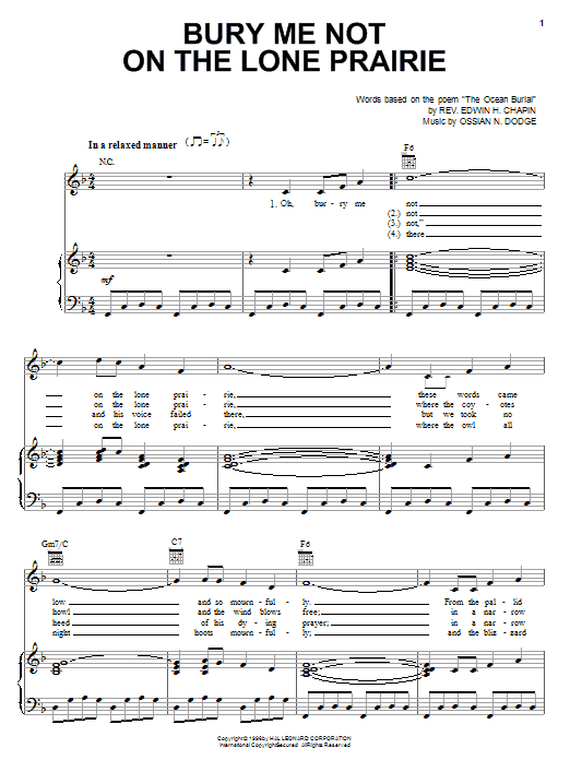 Preview Edwin H. Chapin Bury Me Not On The Lone Prairie Jazz sheet music, notes and chords for Piano, Vocal & Guitar (Right-Hand Melody), SKU: 16603 sheet music, piano notes, chords, guitar tabs, score, transpose, transcribe, how to play, guide, download, learn, tutorial, progression, song, artist, awards, billboard, mtv, vh1, tour, single, album, release