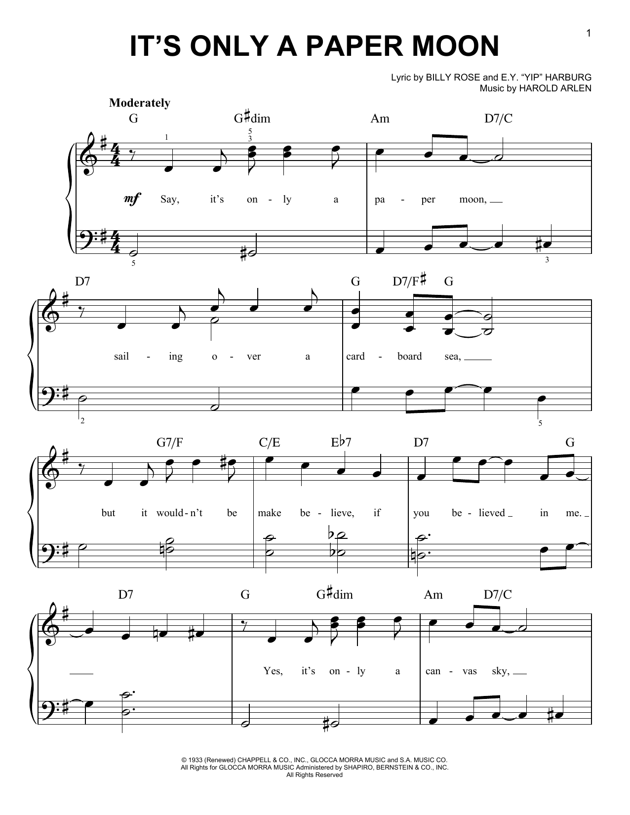 Download E.Y. Harburg It's Only A Paper Moon sheet music and printable PDF score & Jazz music notes