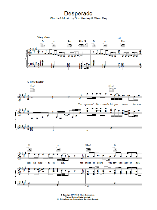 Preview Eagles Desperado (Part II) Rock sheet music, notes and chords for Piano, Vocal & Guitar (Right-Hand Melody), SKU: 37101 Download Eagles Desperado (Part II) sheet music and printable PDF score & Rock music notes