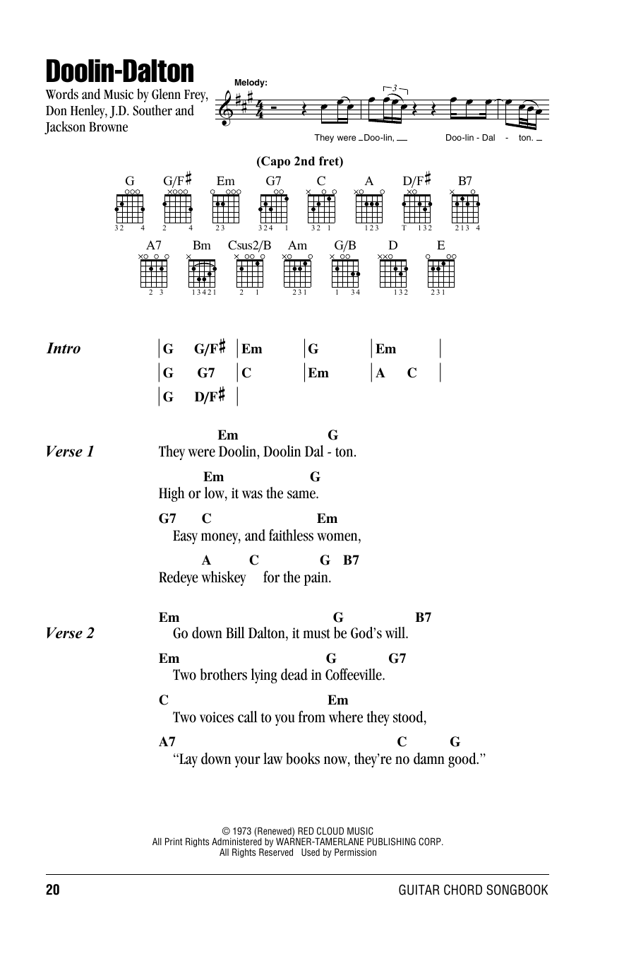 Preview Eagles Doolin-Dalton Rock sheet music, notes and chords for Lyrics & Chords, SKU: 153432 sheet music, piano notes, chords, guitar tabs, score, transpose, transcribe, how to play, guide, download, learn, tutorial, progression, song, artist, awards, billboard, mtv, vh1, tour, single, album, release