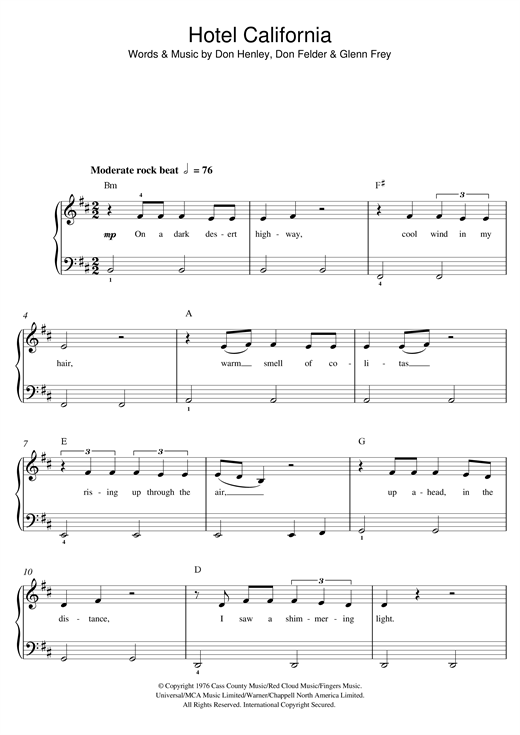 Preview Eagles Hotel California Rock sheet music, notes and chords for Easy Piano, SKU: 157691 sheet music, piano notes, chords, guitar tabs, score, transpose, transcribe, how to play, guide, download, learn, tutorial, progression, song, artist, awards, billboard, mtv, vh1, tour, single, album, release