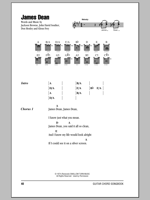 Preview Eagles James Dean Rock sheet music, notes and chords for Lyrics & Chords, SKU: 153448 sheet music, piano notes, chords, guitar tabs, score, transpose, transcribe, how to play, guide, download, learn, tutorial, progression, song, artist, awards, billboard, mtv, vh1, tour, single, album, release