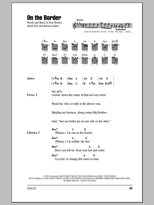 Preview Eagles On The Border Rock sheet music, notes and chords for Lyrics & Chords, SKU: 153428 sheet music, piano notes, chords, guitar tabs, score, transpose, transcribe, how to play, guide, download, learn, tutorial, progression, song, artist, awards, billboard, mtv, vh1, tour, single, album, release