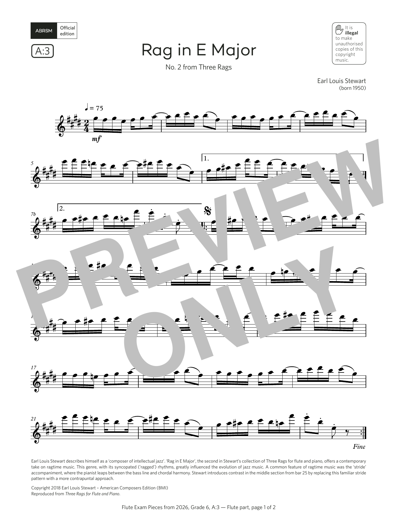 Earl Louis Stewart Rag in E Major (Grade 6, list A3, from the ABRSM Flute Syllabus from 2026) Sheet Music & Chords for Flute Solo - Download or Print PDF