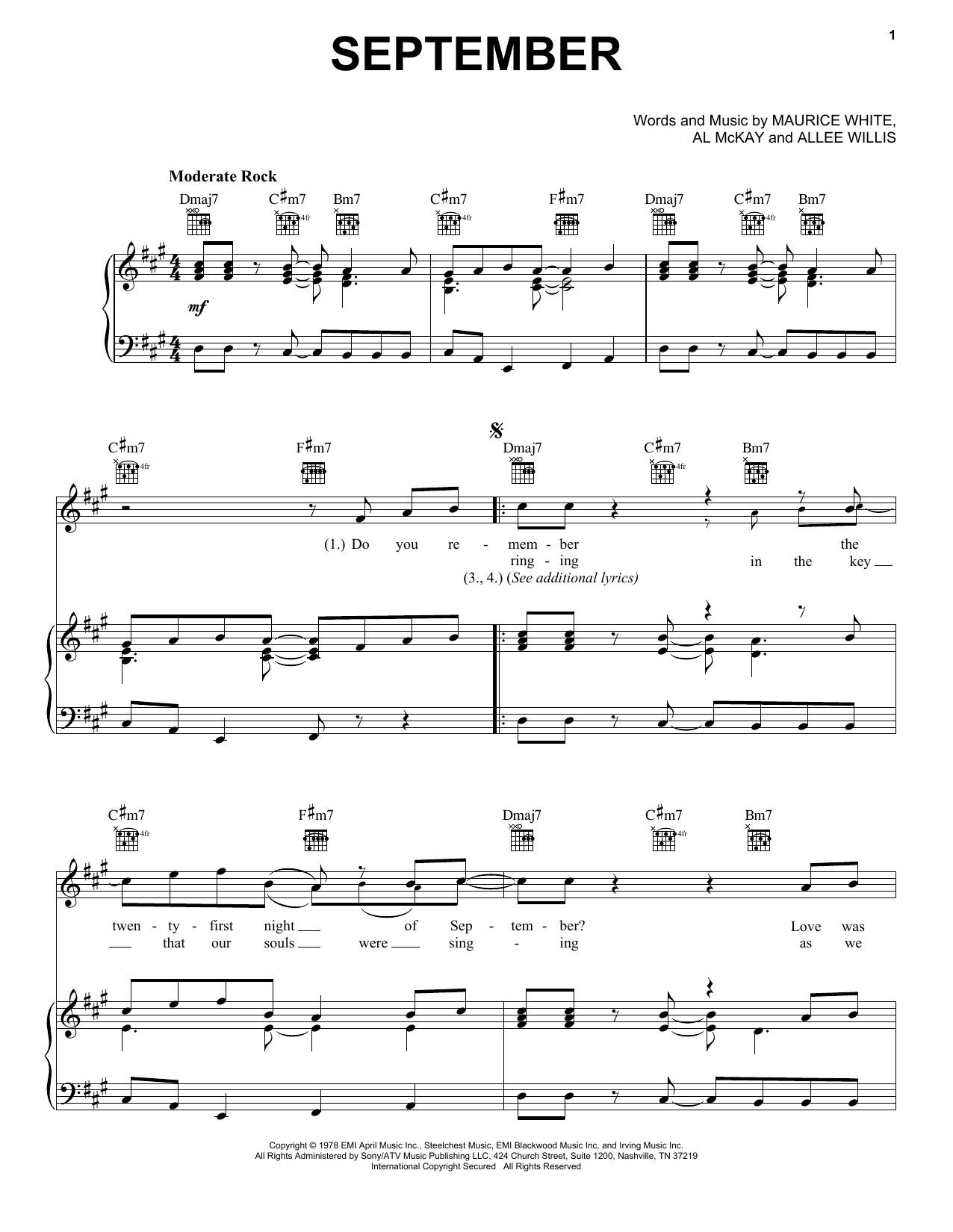 Preview Earth, Wind & Fire September Pop sheet music, notes and chords for Piano, Vocal & Guitar (Right-Hand Melody), SKU: 58811 sheet music, piano notes, chords, guitar tabs, score, transpose, transcribe, how to play, guide, download, learn, tutorial, progression, song, artist, awards, billboard, mtv, vh1, tour, single, album, release