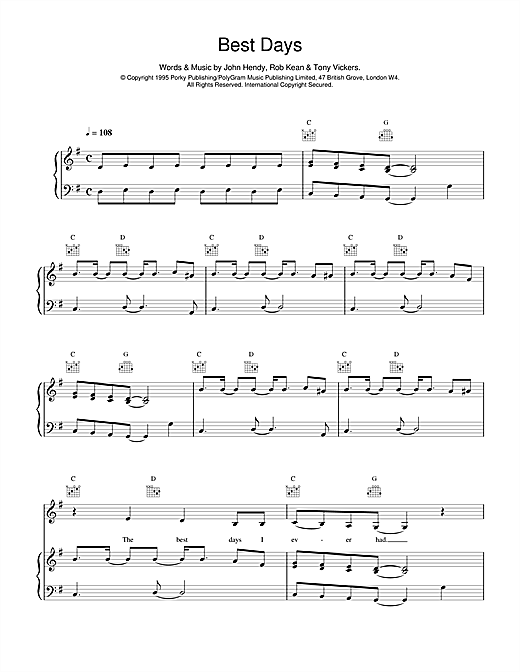 Preview East 17 Best Days Pop sheet music, notes and chords for Piano, Vocal & Guitar (Right-Hand Melody), SKU: 14963 sheet music, piano notes, chords, guitar tabs, score, transpose, transcribe, how to play, guide, download, learn, tutorial, progression, song, artist, awards, billboard, mtv, vh1, tour, single, album, release