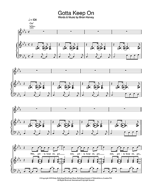 Preview East 17 Gotta Keep On Pop sheet music, notes and chords for Piano, Vocal & Guitar (Right-Hand Melody), SKU: 14968 sheet music, piano notes, chords, guitar tabs, score, transpose, transcribe, how to play, guide, download, learn, tutorial, progression, song, artist, awards, billboard, mtv, vh1, tour, single, album, release