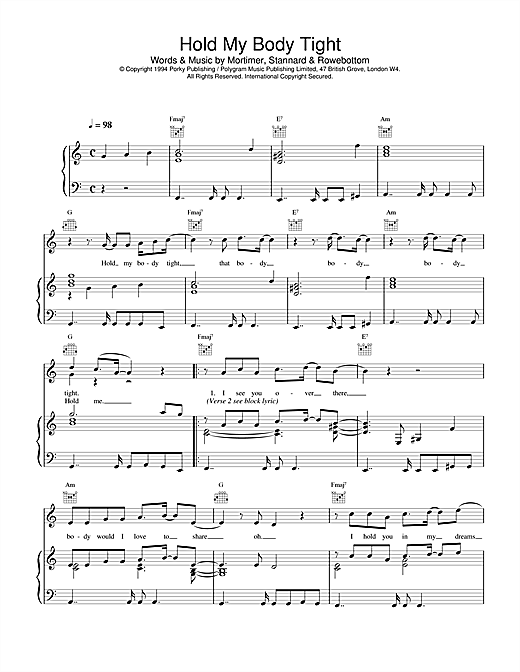 Preview East 17 Hold My Body Tight Pop sheet music, notes and chords for Piano, Vocal & Guitar (Right-Hand Melody), SKU: 14978 sheet music, piano notes, chords, guitar tabs, score, transpose, transcribe, how to play, guide, download, learn, tutorial, progression, song, artist, awards, billboard, mtv, vh1, tour, single, album, release