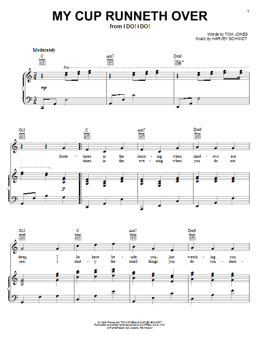 Preview Ed Ames My Cup Runneth Over Broadway sheet music, notes and chords for Piano, Vocal & Guitar (Right-Hand Melody), SKU: 18294 sheet music, piano notes, chords, guitar tabs, score, transpose, transcribe, how to play, guide, download, learn, tutorial, progression, song, artist, awards, billboard, mtv, vh1, tour, single, album, release