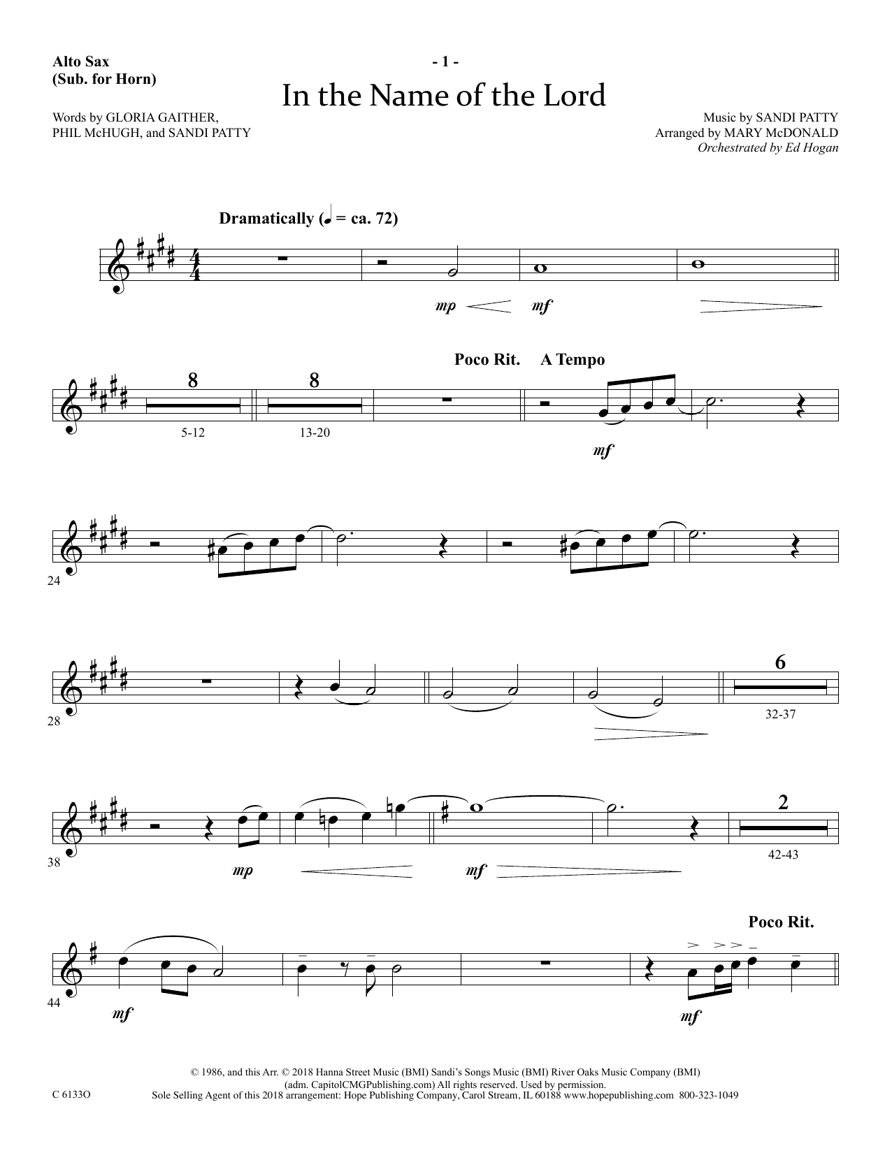 Preview Ed Hogan In The Name Of The Lord - Alto Sax (Horn sub.) Christian sheet music, notes and chords for Choir Instrumental Pak, SKU: 380565 Download Ed Hogan In The Name Of The Lord - Alto Sax (Horn sub.) sheet music and printable PDF score & Christian music notes
