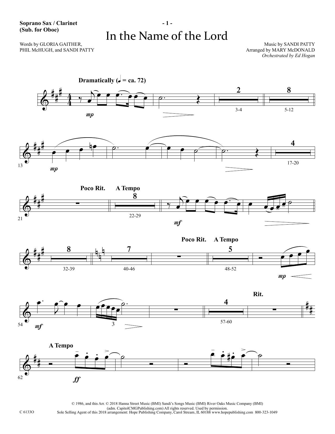 Download Ed Hogan In The Name Of The Lord - Soprano Sax/Clarinet(sub oboe) sheet music and printable PDF score & Christian music notes