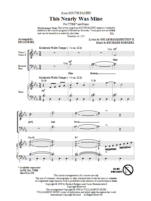 Preview Rodgers & Hammerstein This Nearly Was Mine (from South Pacific) (arr. Ed Lojeski) Concert sheet music, notes and chords for SSA, SKU: 69983 Download Rodgers & Hammerstein This Nearly Was Mine (from South Pacific) (arr. Ed Lojeski) sheet music and printable PDF score & Concert music notes