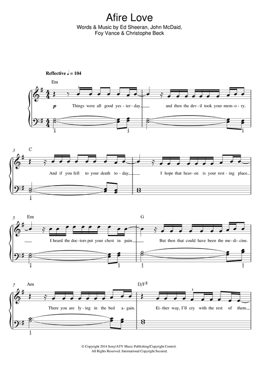 Ed Sheeran Afire Love Sheet Music Download Printable Pop Pdf Easy Piano Score Sku 122612