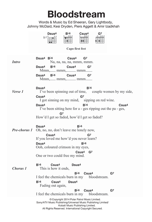 Preview Ed Sheeran Bloodstream Pop sheet music, notes and chords for Guitar Tab, SKU: 155843 sheet music, piano notes, chords, guitar tabs, score, transpose, transcribe, how to play, guide, download, learn, tutorial, progression, song, artist, awards, billboard, mtv, vh1, tour, single, album, release