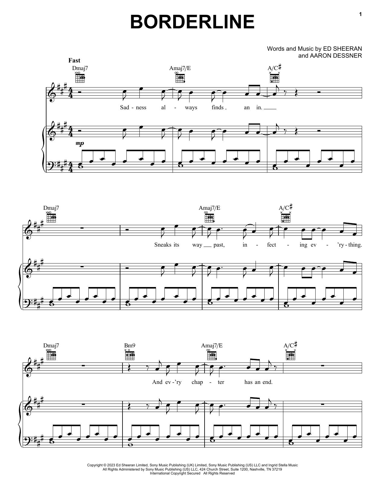 Ed Sheeran Borderline Sheet Music for Pop Piano, Vocal & Guitar Chords (Right-Hand Melody) including 7 page(s)