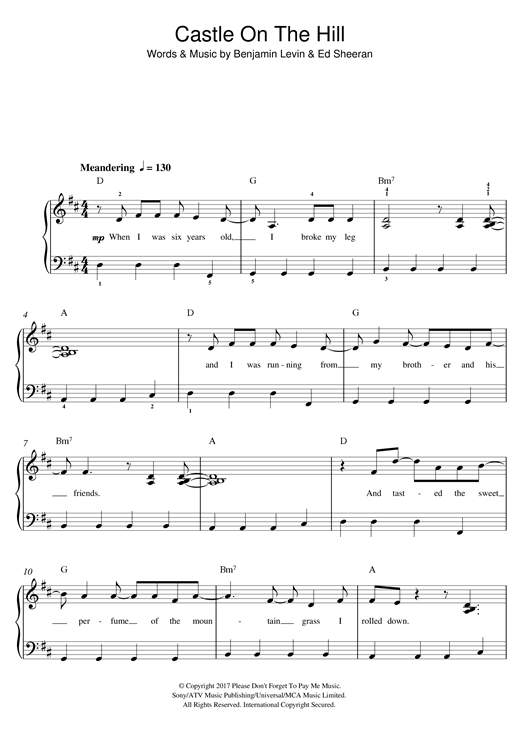 Preview Ed Sheeran Castle On The Hill Rock sheet music, notes and chords for Piano (Big Notes), SKU: 194624 sheet music, piano notes, chords, guitar tabs, score, transpose, transcribe, how to play, guide, download, learn, tutorial, progression, song, artist, awards, billboard, mtv, vh1, tour, single, album, release