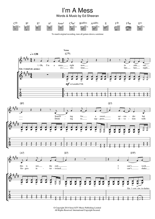 Preview Ed Sheeran I'm A Mess Pop sheet music, notes and chords for Piano, Vocal & Guitar (Right-Hand Melody), SKU: 155832 sheet music, piano notes, chords, guitar tabs, score, transpose, transcribe, how to play, guide, download, learn, tutorial, progression, song, artist, awards, billboard, mtv, vh1, tour, single, album, release