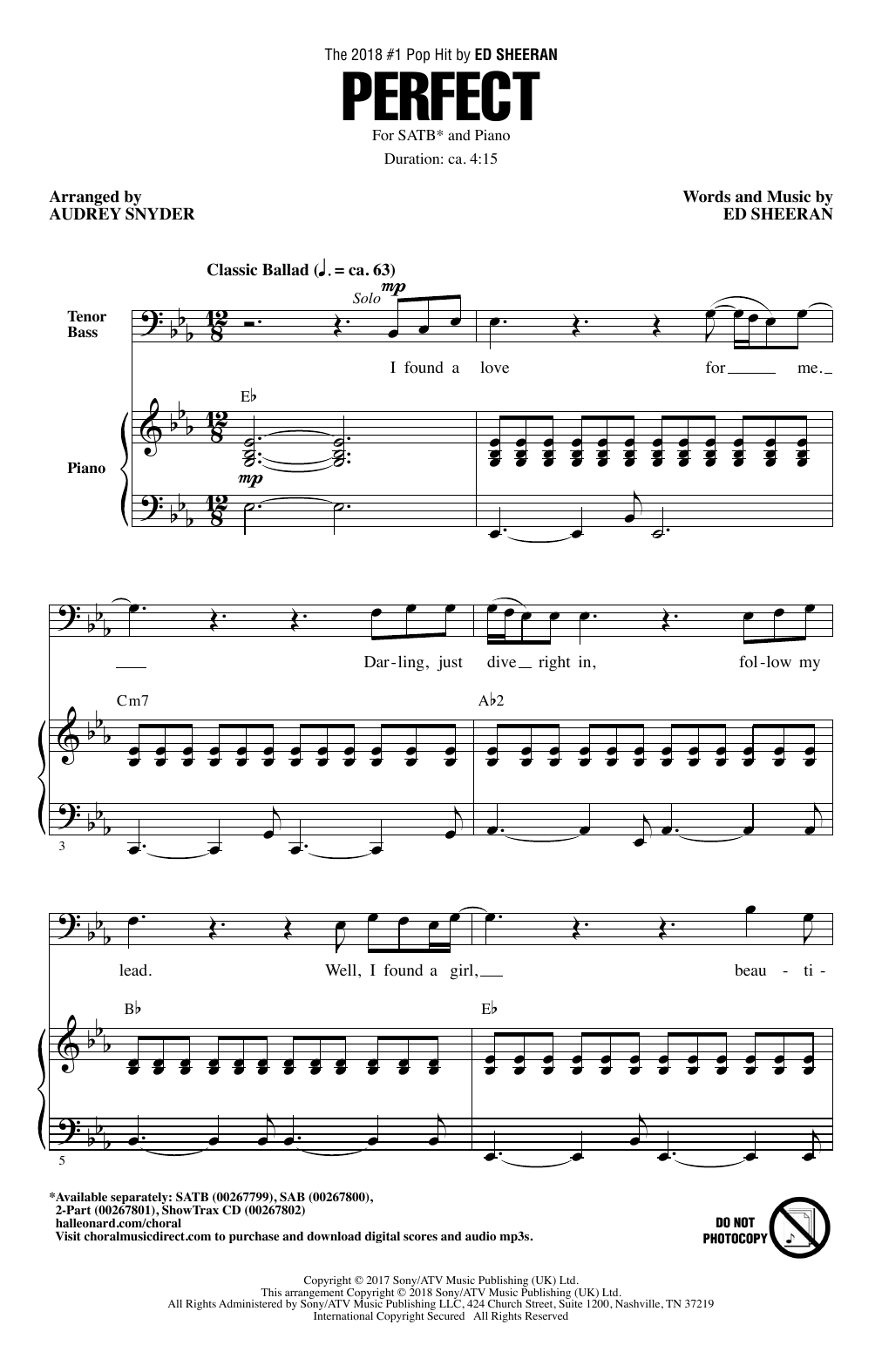 Ed Sheeran Perfect Arr Audrey Snyder Sheet Music Download Printable Pop Pdf Sab Choir Score Sku 250772