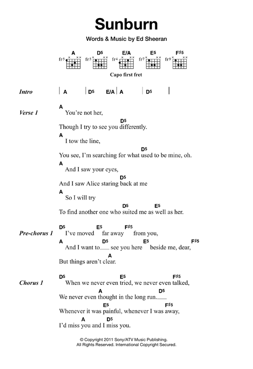 Preview Ed Sheeran Sunburn Pop sheet music, notes and chords for Lyrics & Chords, SKU: 121019 sheet music, piano notes, chords, guitar tabs, score, transpose, transcribe, how to play, guide, download, learn, tutorial, progression, song, artist, awards, billboard, mtv, vh1, tour, single, album, release