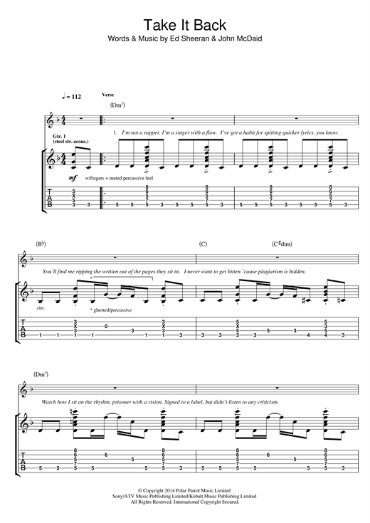 Preview Ed Sheeran Take It Back Pop sheet music, notes and chords for Lyrics & Chords, SKU: 121018 sheet music, piano notes, chords, guitar tabs, score, transpose, transcribe, how to play, guide, download, learn, tutorial, progression, song, artist, awards, billboard, mtv, vh1, tour, single, album, release