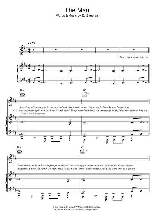 Preview Ed Sheeran The Man Pop sheet music, notes and chords for Lyrics & Chords, SKU: 121016 sheet music, piano notes, chords, guitar tabs, score, transpose, transcribe, how to play, guide, download, learn, tutorial, progression, song, artist, awards, billboard, mtv, vh1, tour, single, album, release