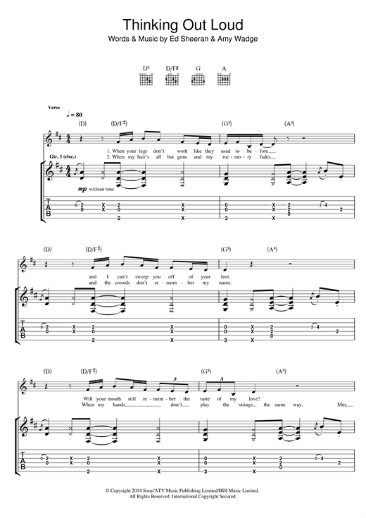 Preview Ed Sheeran Thinking Out Loud Pop sheet music, notes and chords for Guitar Tab, SKU: 170143 sheet music, piano notes, chords, guitar tabs, score, transpose, transcribe, how to play, guide, download, learn, tutorial, progression, song, artist, awards, billboard, mtv, vh1, tour, single, album, release