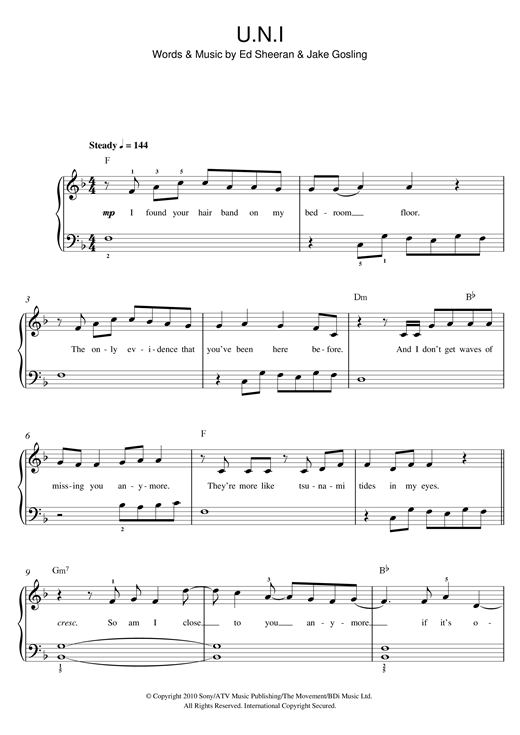 Download Ed Sheeran U.N.I sheet music and printable PDF score & Rock music notes