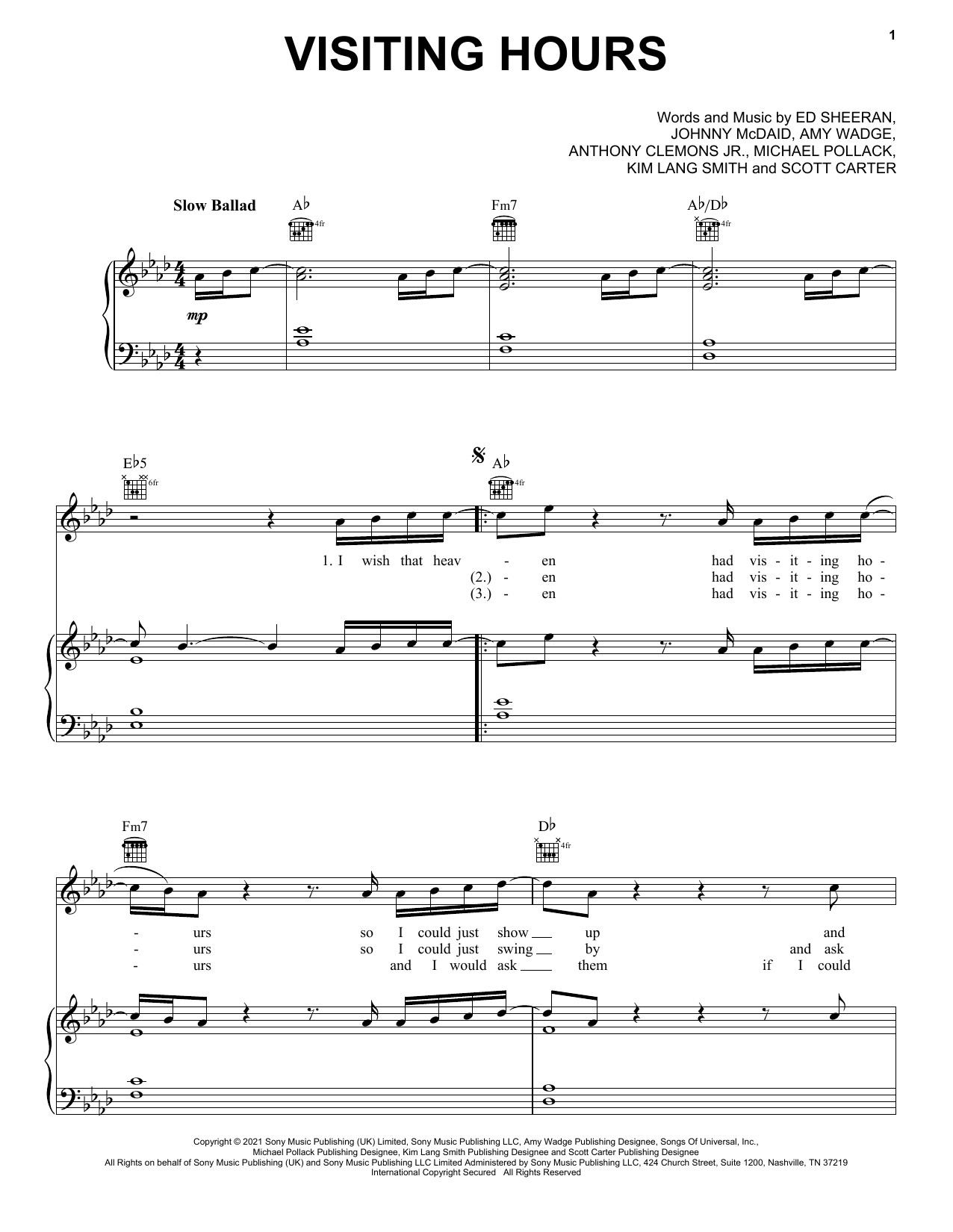 Preview Ed Sheeran Visiting Hours Pop sheet music, notes and chords for Piano, Vocal & Guitar (Right-Hand Melody), SKU: 502774 Download Ed Sheeran Visiting Hours sheet music and printable PDF score & Pop music notes