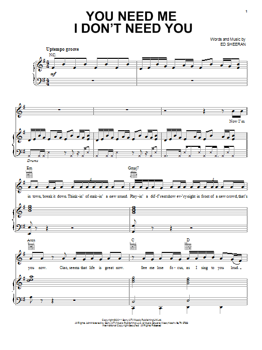 Preview Ed Sheeran You Need Me, I Don't Need You Pop sheet music, notes and chords for Lyrics & Chords, SKU: 121010 sheet music, piano notes, chords, guitar tabs, score, transpose, transcribe, how to play, guide, download, learn, tutorial, progression, song, artist, awards, billboard, mtv, vh1, tour, single, album, release