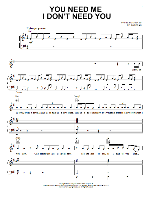 Download Ed Sheeran You Need Me, I Don't Need You sheet music and printable PDF score & Rock music notes