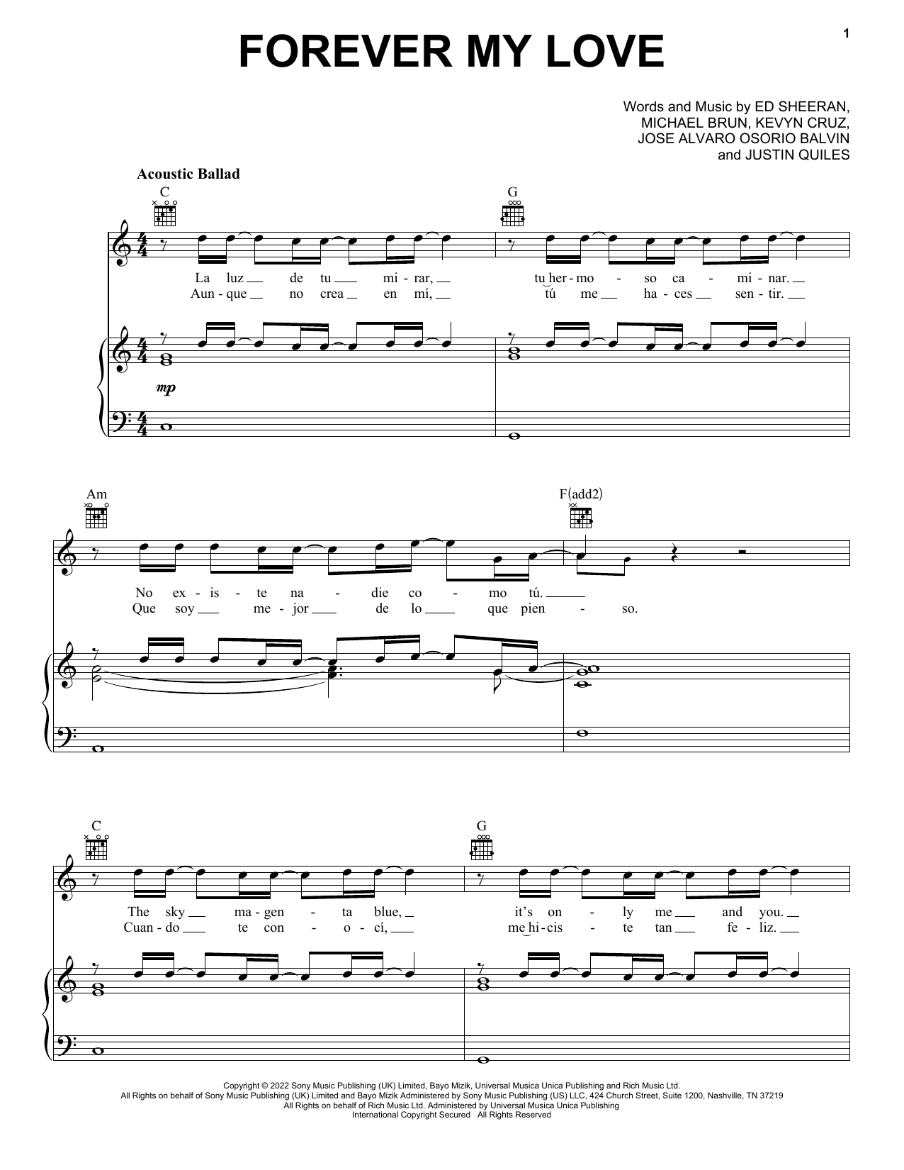 Download Ed Sheeran & J Balvin Forever My Love sheet music and printable PDF score & Pop music notes