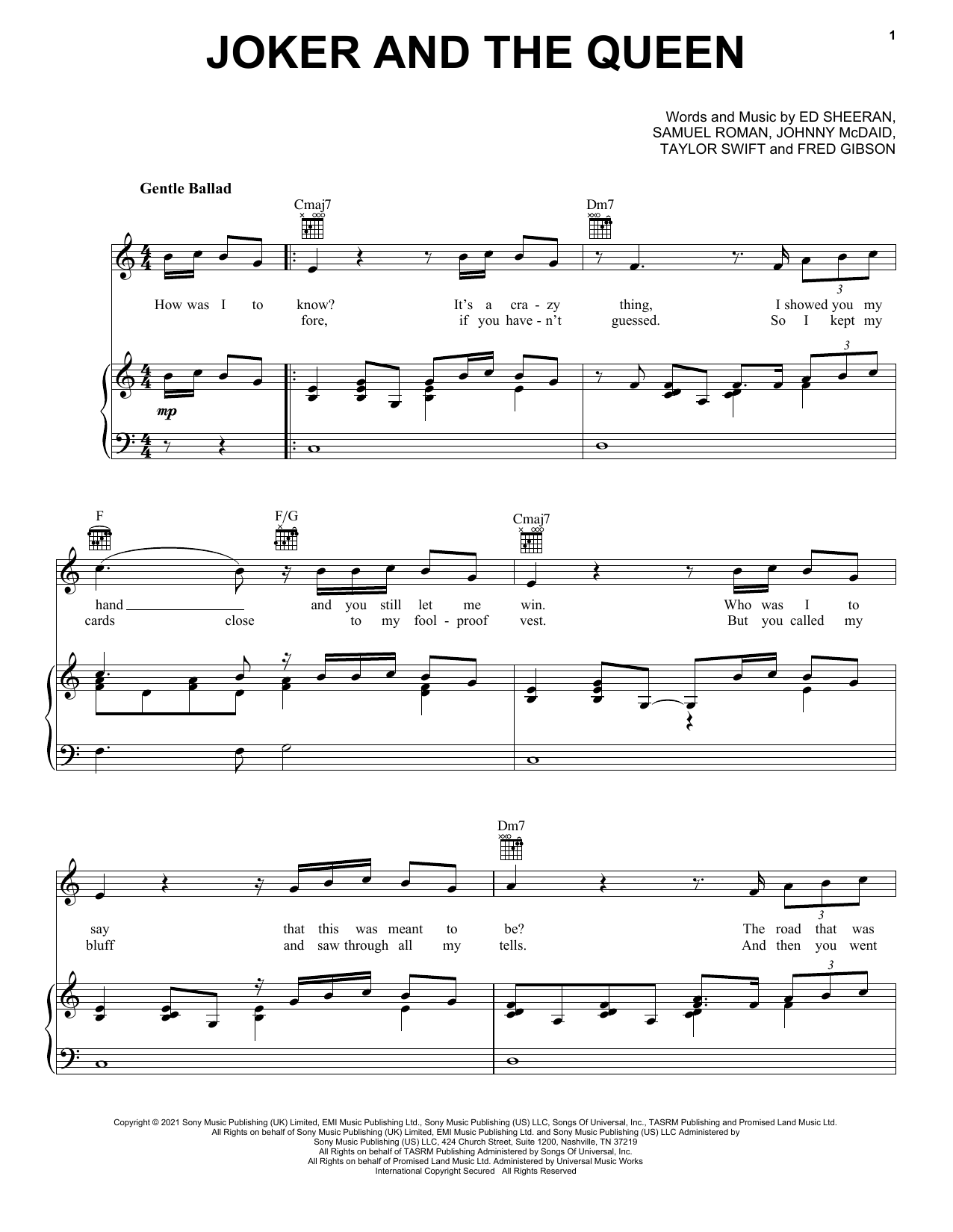 Preview Ed Sheeran & Taylor Swift The Joker And The Queen Pop sheet music, notes and chords for Piano, Vocal & Guitar Chords (Right-Hand Melody), SKU: 636303 Download Ed Sheeran & Taylor Swift The Joker And The Queen sheet music and printable PDF score & Pop music notes