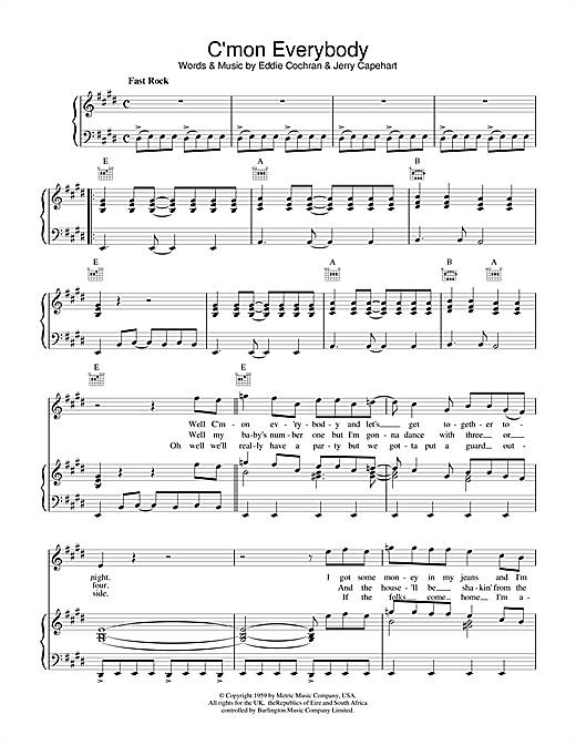 Preview Eddie Cochran C'mon Everybody Rock N Roll sheet music, notes and chords for Lyrics & Chords, SKU: 101330 sheet music, piano notes, chords, guitar tabs, score, transpose, transcribe, how to play, guide, download, learn, tutorial, progression, song, artist, awards, billboard, mtv, vh1, tour, single, album, release