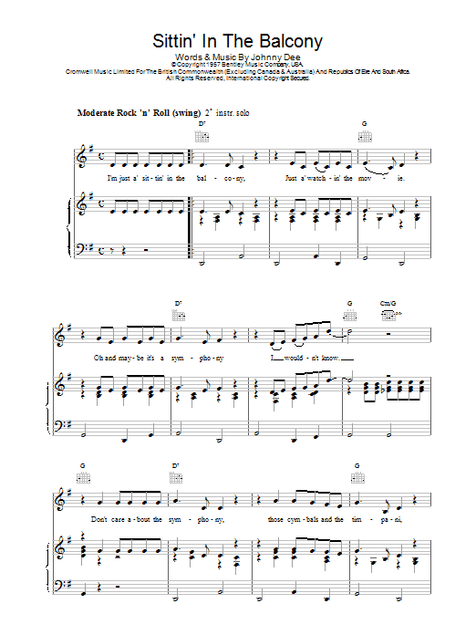 Preview Eddie Cochran Sittin' In The Balcony Rock N Roll sheet music, notes and chords for Piano, Vocal & Guitar (Right-Hand Melody), SKU: 18519 Download Eddie Cochran Sittin' In The Balcony sheet music and printable PDF score & Rock N Roll music notes