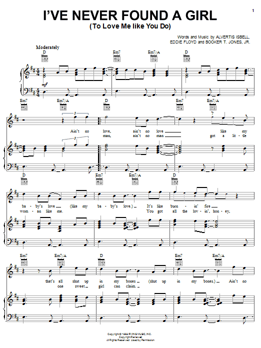 Preview Eddie Floyd I've Never Found A Girl (To Love Me Like You Do) Pop sheet music, notes and chords for Piano, Vocal & Guitar (Right-Hand Melody), SKU: 62756 sheet music, piano notes, chords, guitar tabs, score, transpose, transcribe, how to play, guide, download, learn, tutorial, progression, song, artist, awards, billboard, mtv, vh1, tour, single, album, release