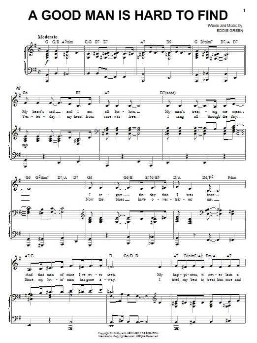 Preview Eddie Green A Good Man Is Hard To Find Jazz sheet music, notes and chords for Piano, Vocal & Guitar (Right-Hand Melody), SKU: 16602 sheet music, piano notes, chords, guitar tabs, score, transpose, transcribe, how to play, guide, download, learn, tutorial, progression, song, artist, awards, billboard, mtv, vh1, tour, single, album, release
