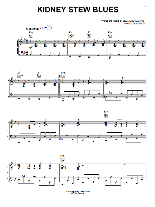 Preview Eddie Vinson Kidney Stew Blues Pop sheet music, notes and chords for Piano, Vocal & Guitar (Right-Hand Melody), SKU: 69607 Download Eddie Vinson Kidney Stew Blues sheet music and printable PDF score & Pop music notes