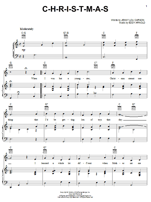 Preview Eddy Arnold C-H-R-I-S-T-M-A-S Country sheet music, notes and chords for Piano, Vocal & Guitar (Right-Hand Melody), SKU: 24307 sheet music, piano notes, chords, guitar tabs, score, transpose, transcribe, how to play, guide, download, learn, tutorial, progression, song, artist, awards, billboard, mtv, vh1, tour, single, album, release