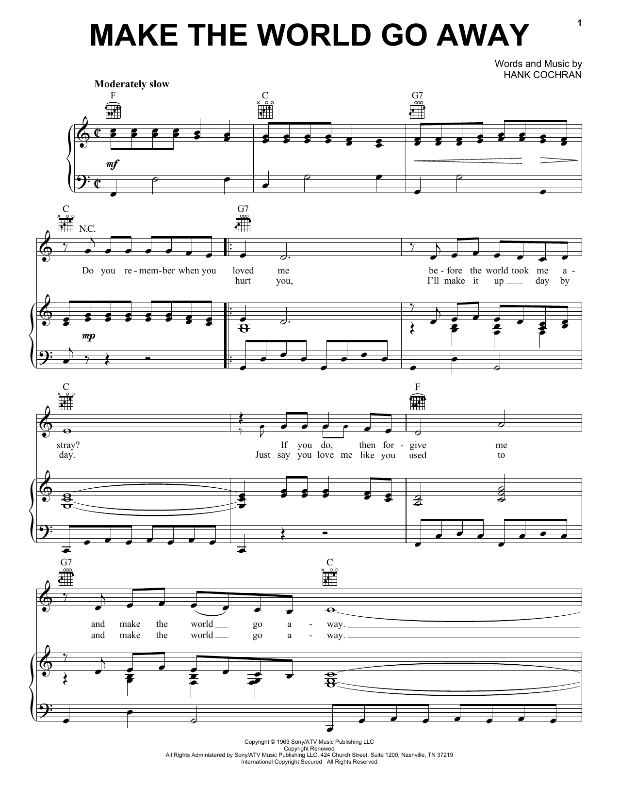 Preview Eddy Arnold Make The World Go Away Country sheet music, notes and chords for Piano, Vocal & Guitar (Right-Hand Melody), SKU: 18285 Download Eddy Arnold Make The World Go Away sheet music and printable PDF score & Country music notes
