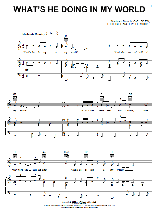 Preview Eddy Arnold What's He Doing In My World Pop sheet music, notes and chords for Piano, Vocal & Guitar (Right-Hand Melody), SKU: 70189 Download Eddy Arnold What's He Doing In My World sheet music and printable PDF score & Pop music notes